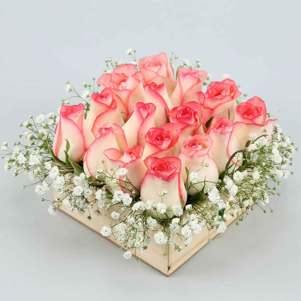 Friendship Day - 16 Pink Roses Arrangement In Wooden Base
