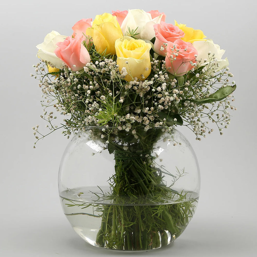 Mother's Day - Blissful Mixed Roses Glass Vase Arrangement
