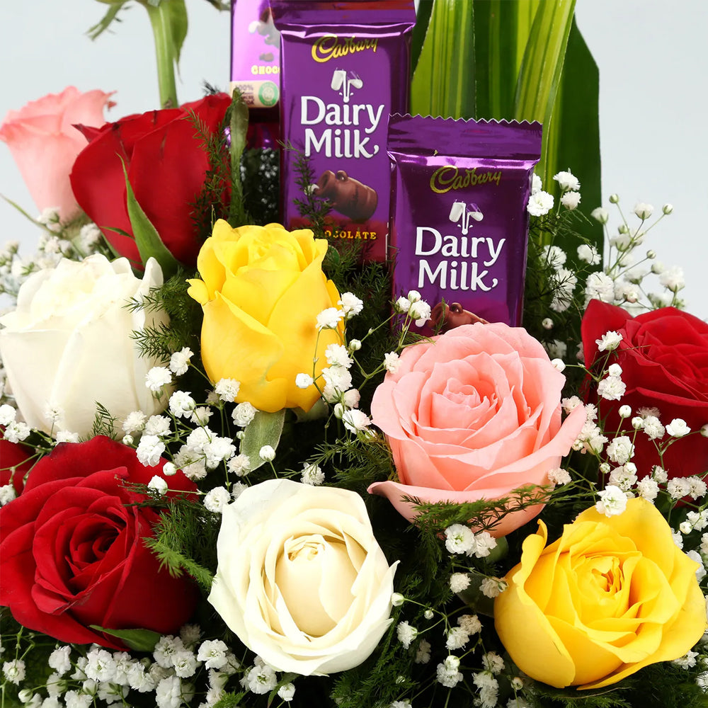 Mixed Roses Arrangement With Dairy Milk Chocolates
