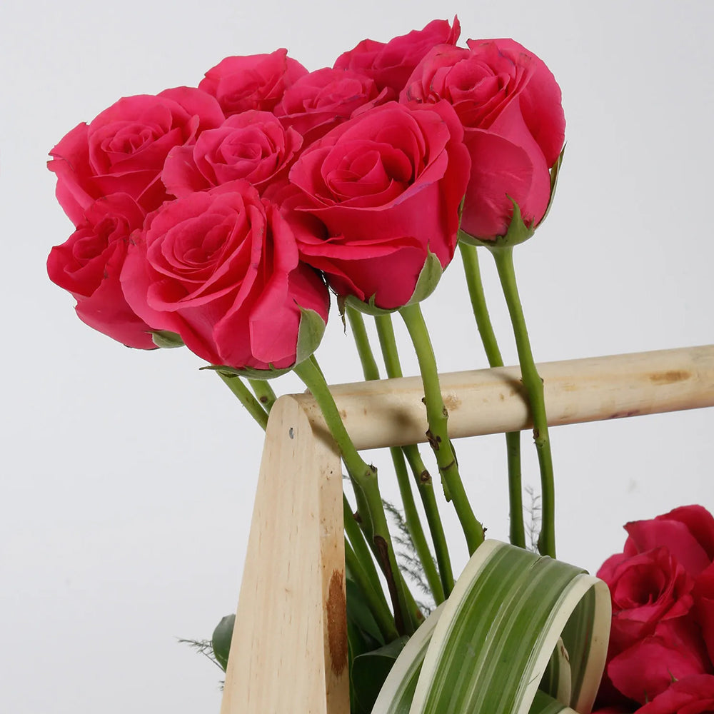 Friendship Day - Dark Pink Roses Wooden Basket Arrangement