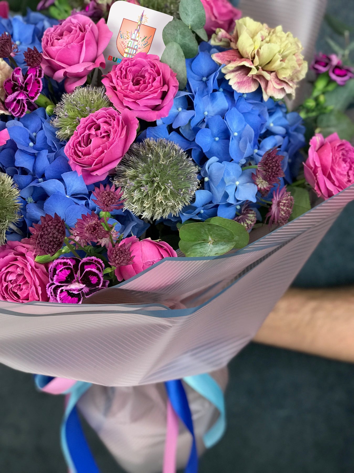Bouquet of Blue Hydrangea , Pink Baby Rose and Cornish