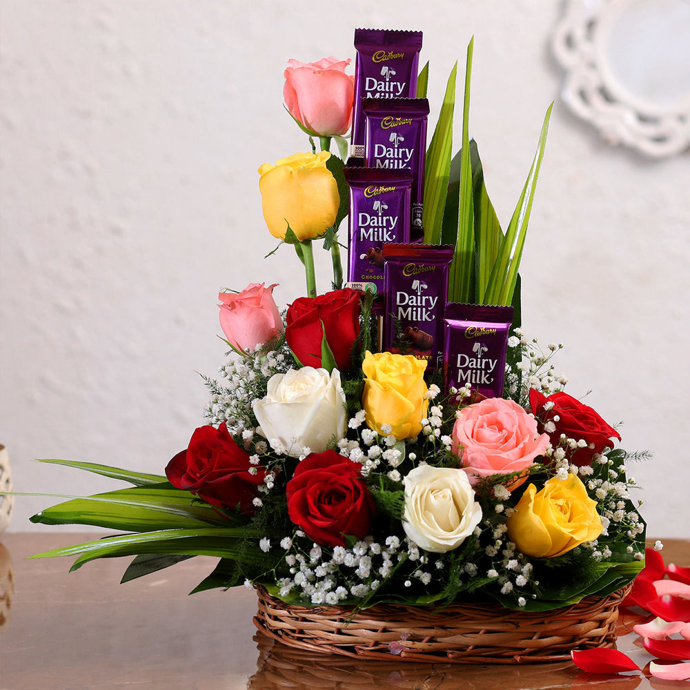 Teacher's Day - Mixed Roses Arrangement With Dairy Milk Chocolates