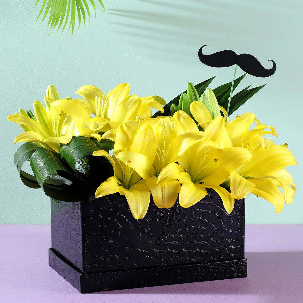 Brother's Day - Yellow Asiatic Lilies Box With Mustache Tag