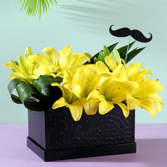 Brother's Day - Yellow Asiatic Lilies Box With Mustache Tag