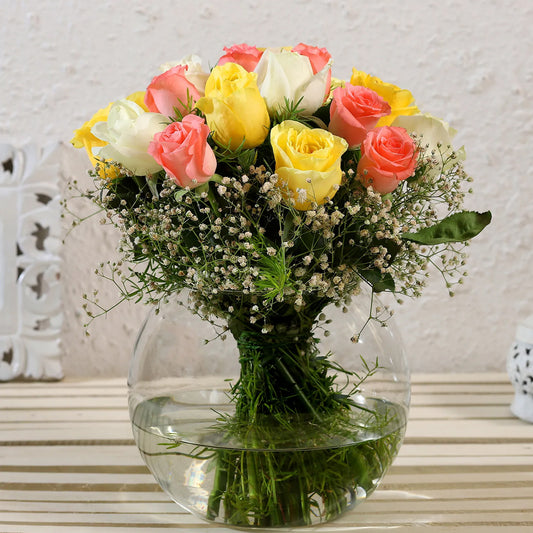 Mother's Day - Blissful Mixed Roses Glass Vase Arrangement