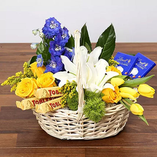 Easter - Yellow and Blue Floral Basket With Chocolates