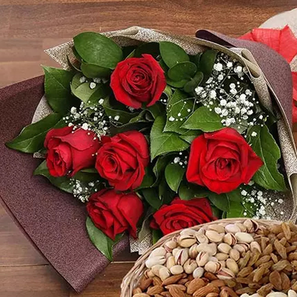 Onam - 6 Red Roses Bouquet With Dry Fruits