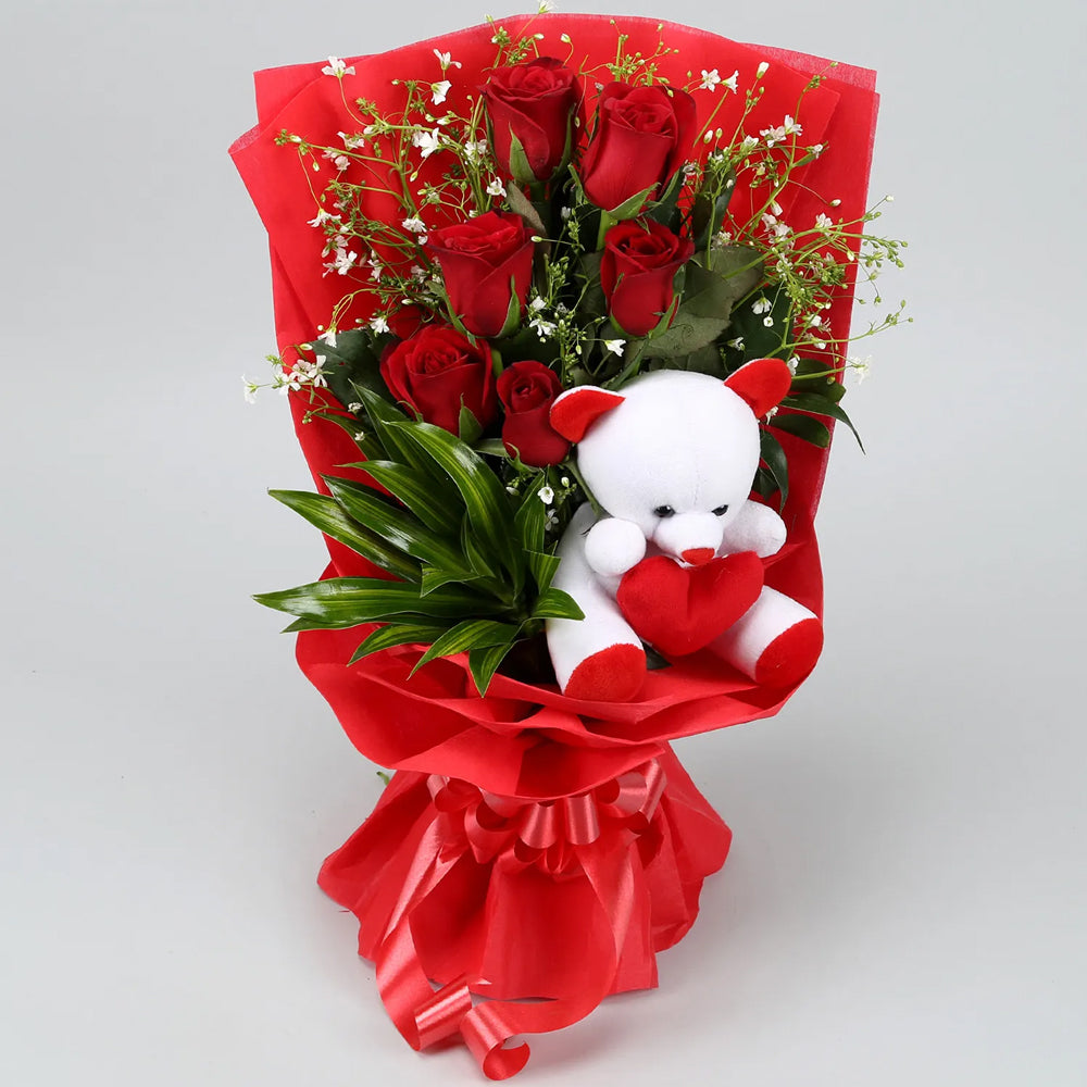 Womens Day Special - Bunch Of 6 Red Roses & Teddy Bear Combo
