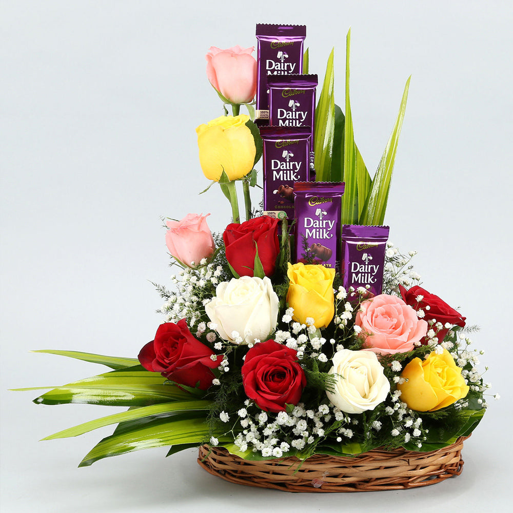 Teacher's Day - Mixed Roses Arrangement With Dairy Milk Chocolates