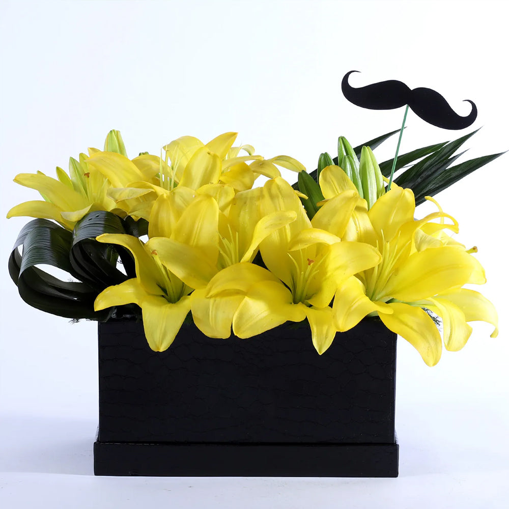 Brother's Day - Yellow Asiatic Lilies Box With Mustache Tag