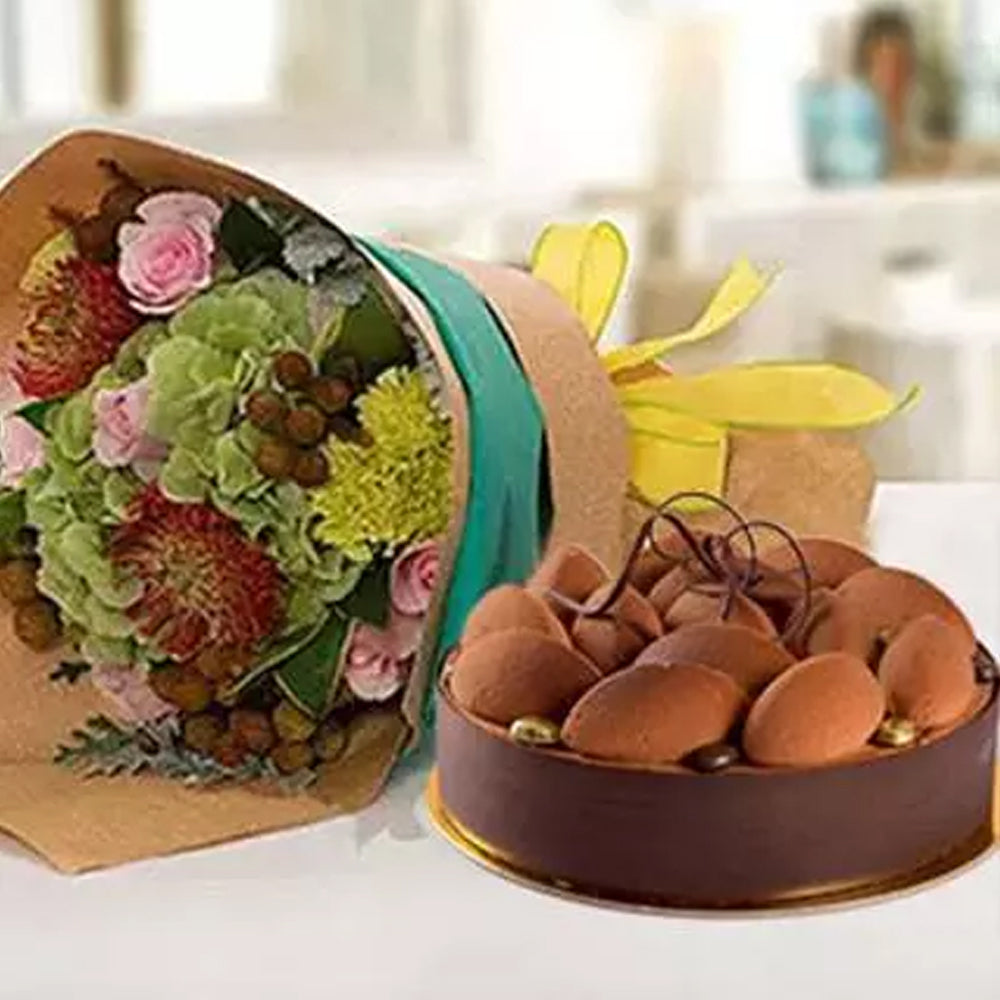 Ramadan - Delightful Flower Bouquet With Tiramisu Cake