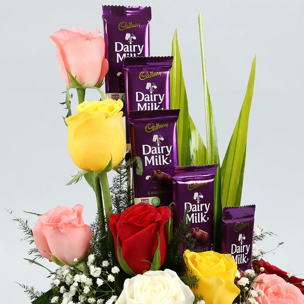 Teacher's Day - Mixed Roses Arrangement With Dairy Milk Chocolates