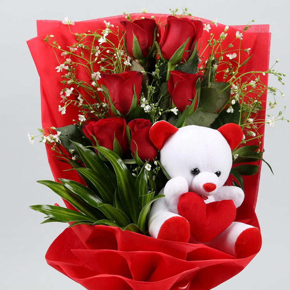 Womens Day Special - Bunch Of 6 Red Roses & Teddy Bear Combo