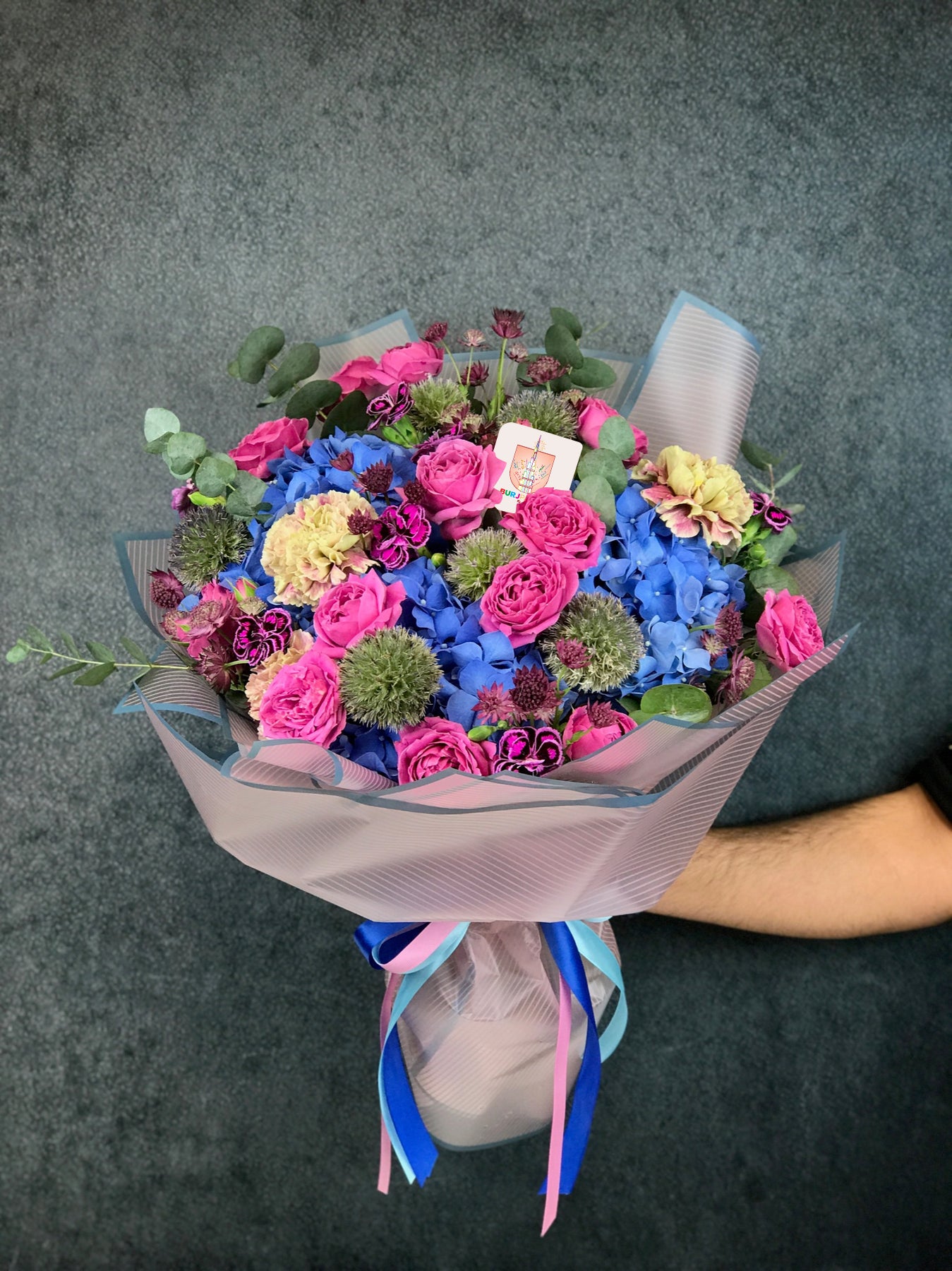 Bouquet of Blue Hydrangea , Pink Baby Rose and Cornish